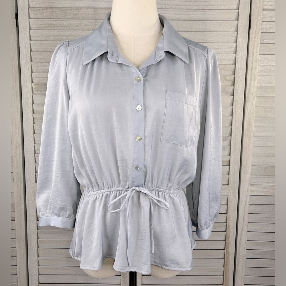 MONTEAU Silky Button Front Peplum Blouse 3/4 Sleeves Gray-XL